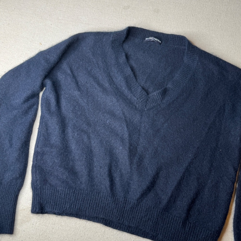 Brandy Melville Brianna Navy Blue Wool Blend V-Neck Sweater Made in Italy OS